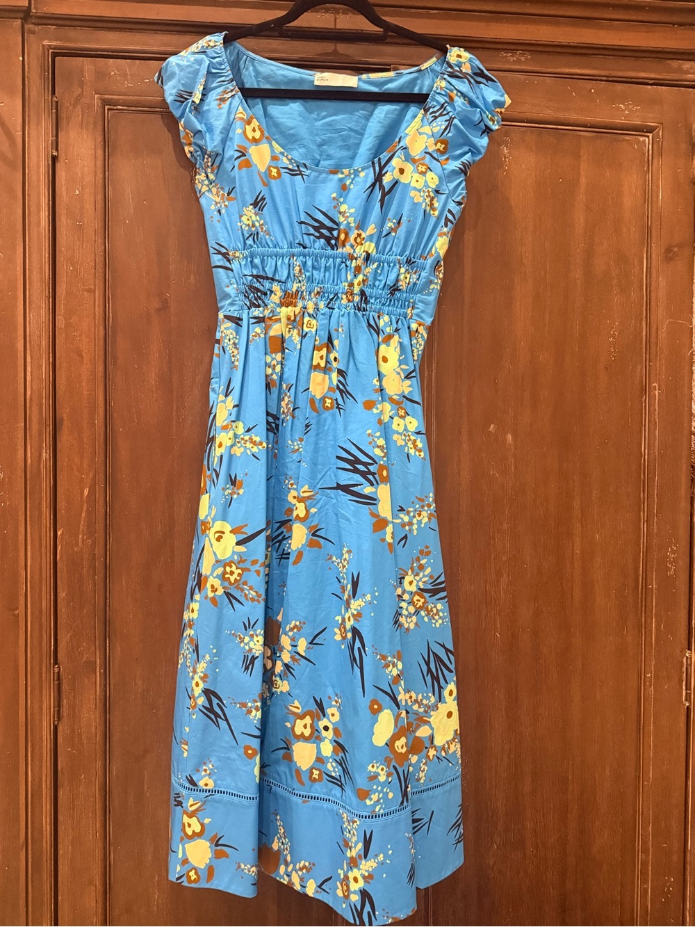 Tory Burch Sky Blue Floral Midi Dress with Yellow & Brown Blooms